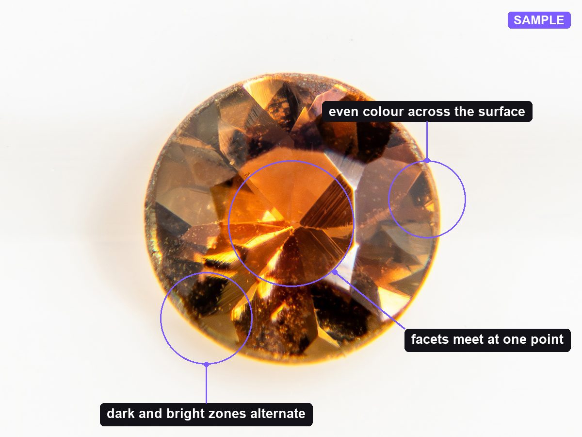 The same photo with the body colour, the facet junctions and the surface luster marked